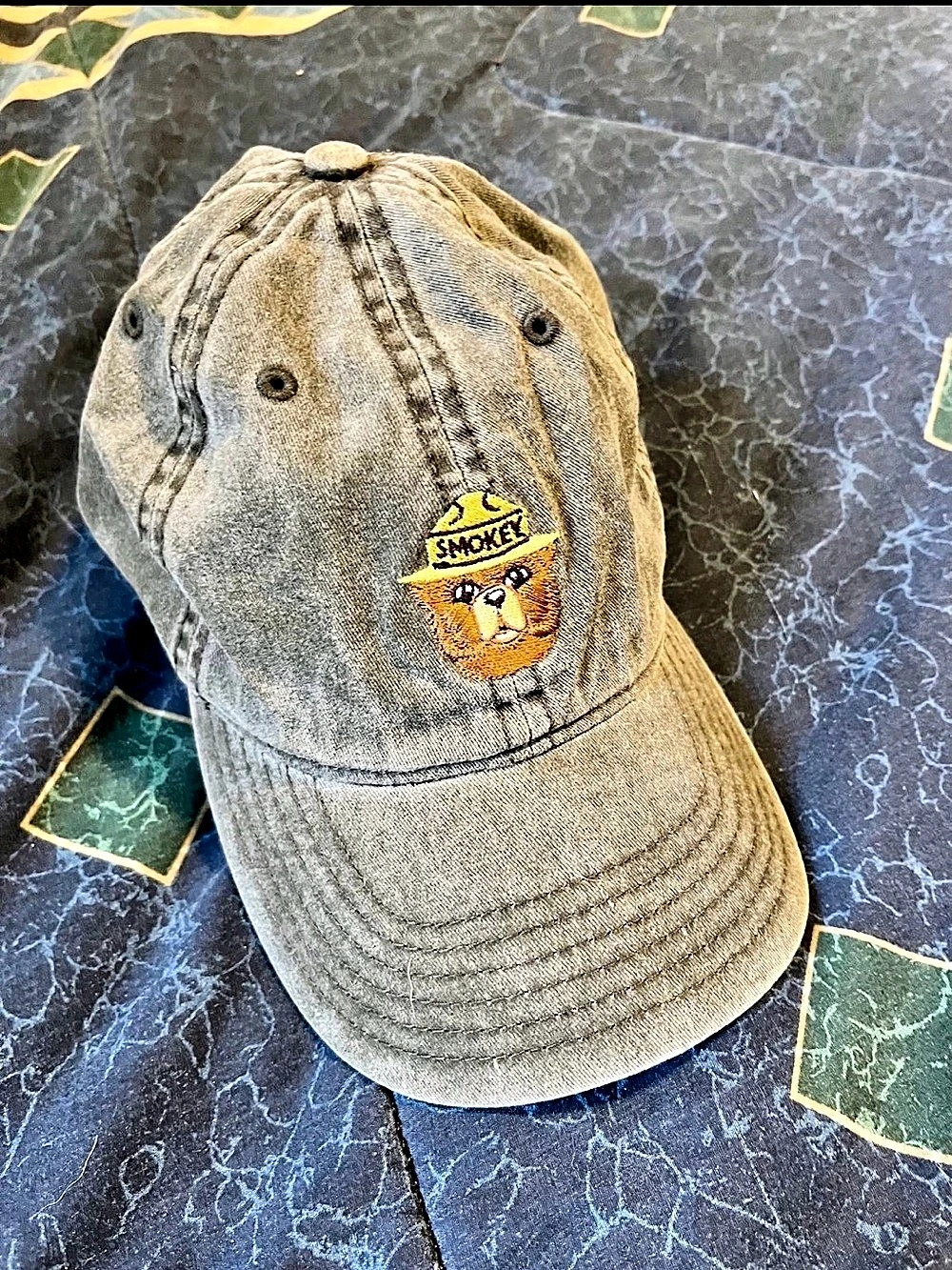 Smokey Bear Vintage-Style Distressed Cap – Olive Gray Embroidered Logo